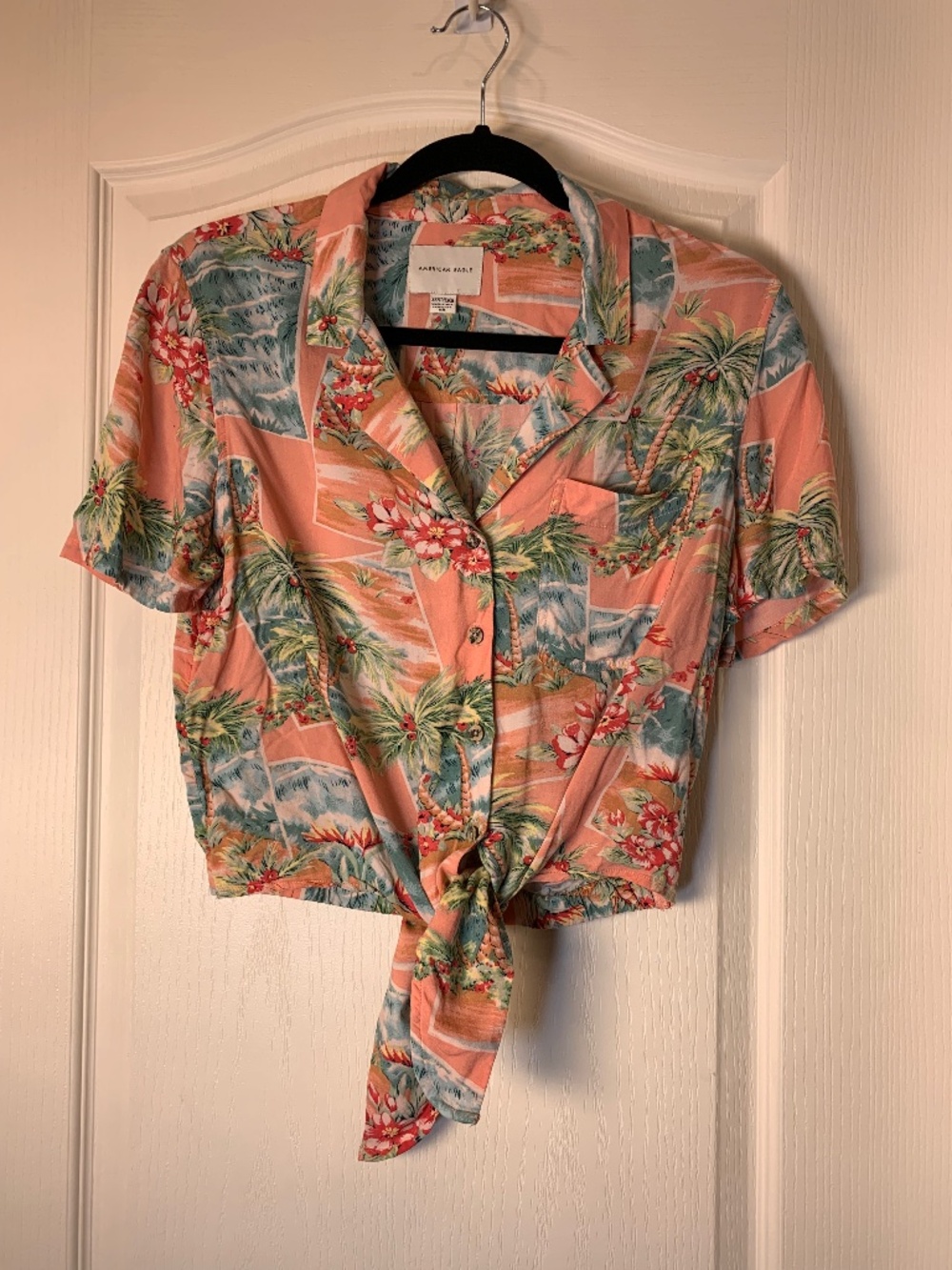 American Eagle Coral Tropical Tie-Front Cropped Shirt Blouse Women XS Resort